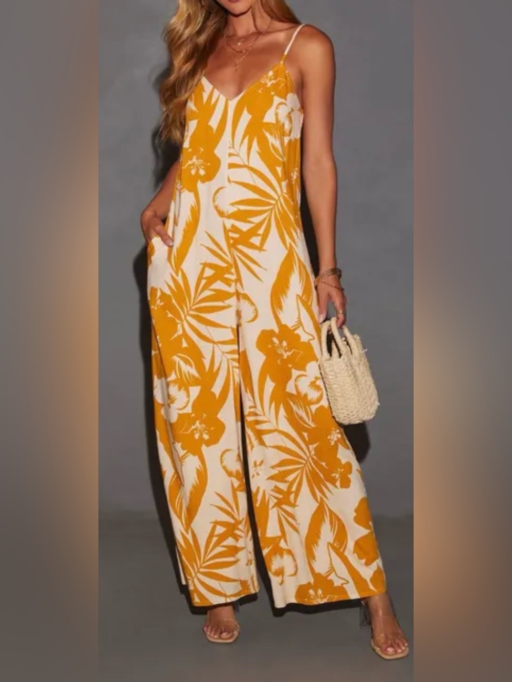 Vici Mustard Floral Spaghetti-Strap jumpsuit wide legs